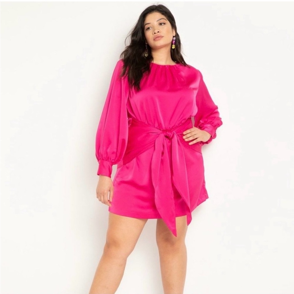 New Eloquii Dress Size 18 Hot Pink Satin Tie Front Long Sleeve Strong Shoulder